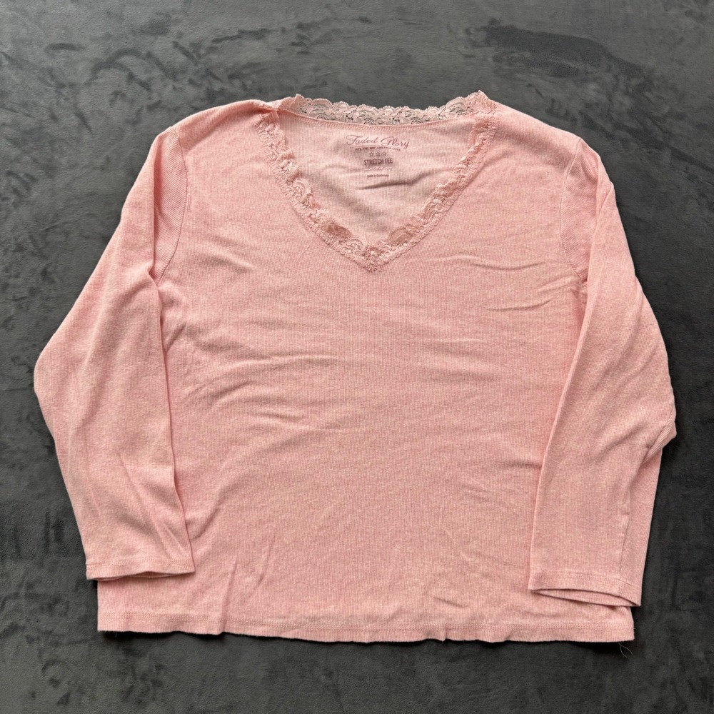 Faded Glory Pink Heather Lace Trim V-Neck 3/4 Sleeve Stretch Tee Woman 26W/28W